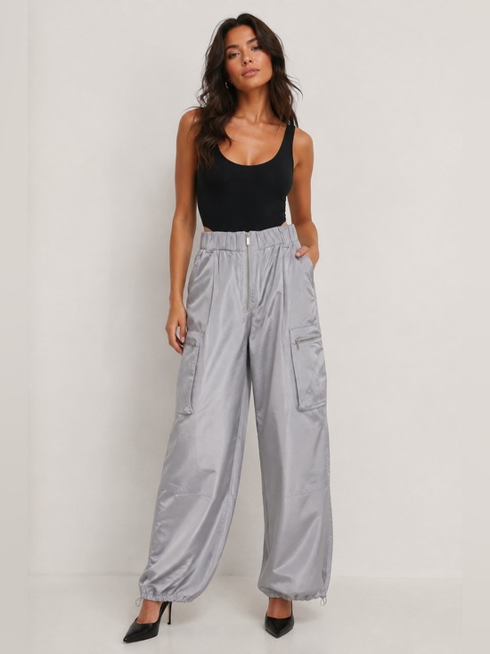 Zara Pants - Zara Gray Satin Cargo Parachute Pants Wide Leg Size S